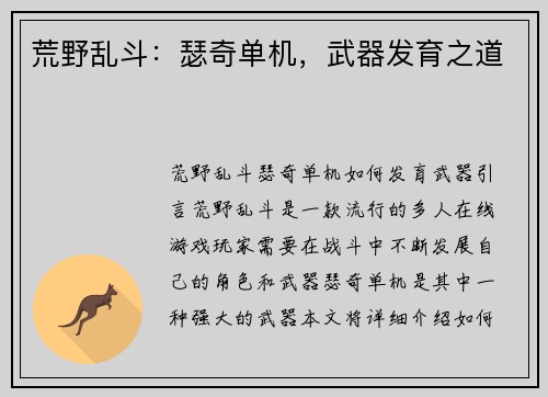 荒野乱斗：瑟奇单机，武器发育之道