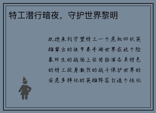 特工潜行暗夜，守护世界黎明